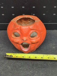 Vintage Halloween Paper Mache Pumpkin Choir Boy Jack O Lantern Bucket 5"