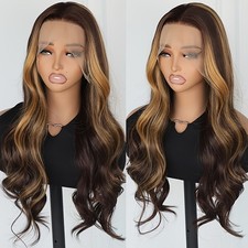 Long Wavy Ombre Brown Blonde Mixed Color Synthetic Lace Front Wigs Pre Plucked