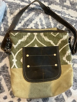 Myra Green Brown multi media fabric shoulder cross body purse bag