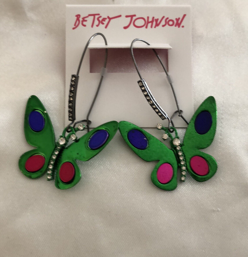 Betsey Johnson Hematite Tone Green Metallic Butterfly Drop Earrings NWT