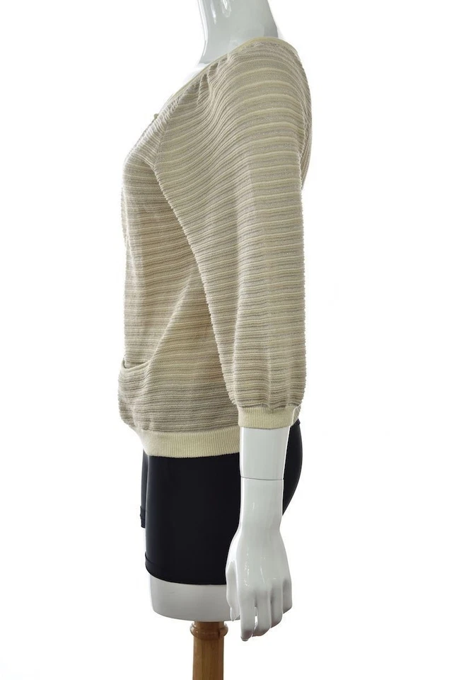 Guinevere 女式毛衣 S 码米色条纹开衫 3/4 袖亚麻上衣 — 第 3/4 张图片