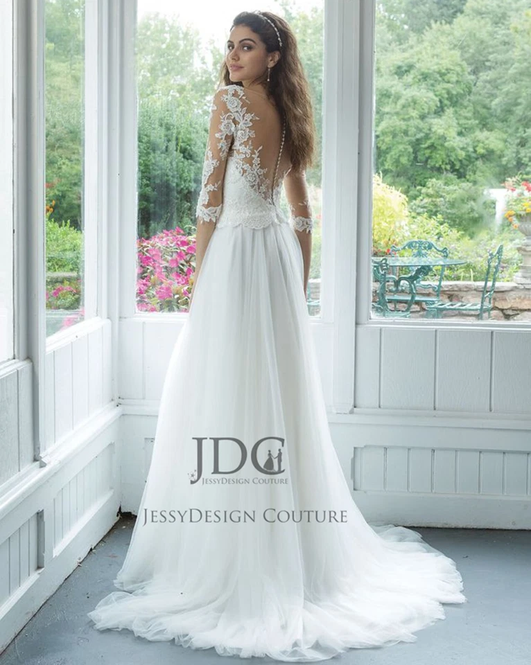 Weiß Tüll Brautkleid Hochzeitskleid Spitze Transparent Krosage m.Ärmel n.Maß Neu - Bild 3 von 4