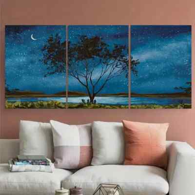 3pcs Lone Tree Starry Night Deep Blue Metal Print Ready to Hang Art