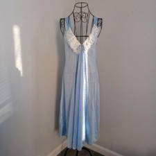 Vintage Intimate Options White Ruffled Floral Lace Ribboned Blue Maxi Slip