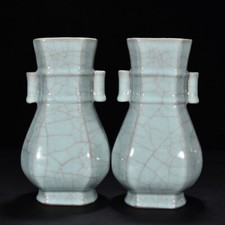 10.2" China old song dynasty Porcelain guan kiln pair Ice crack double ear vases
