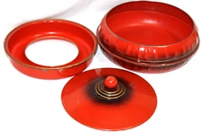 Vtg 1950’s Round 3 Piece Red Black Metal Sewing Tin Box Needle Thread Organizer