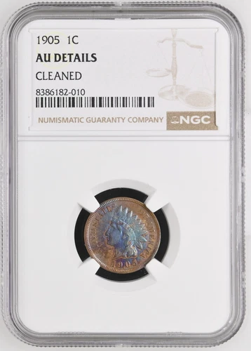 Toned 1905 Indian Head Cent, Steel Blue Gem, NGC AU Details