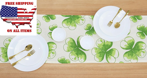 Purpleessences St Patricks Day Shamrock Decorations Table Runner Green Clover, D - Picture 5 of 12