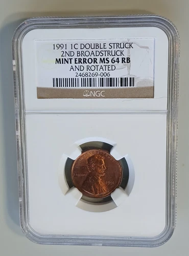 AWESOME 1991 Doublestruck Broadstruck error penny NGC MS64 RB