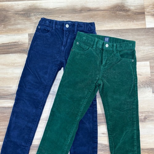 GAP Corduroy Pants Boys 7 LOT of 2 Navy Green Adjustable Waist Stretch Slim Fit - Picture 2 of 7