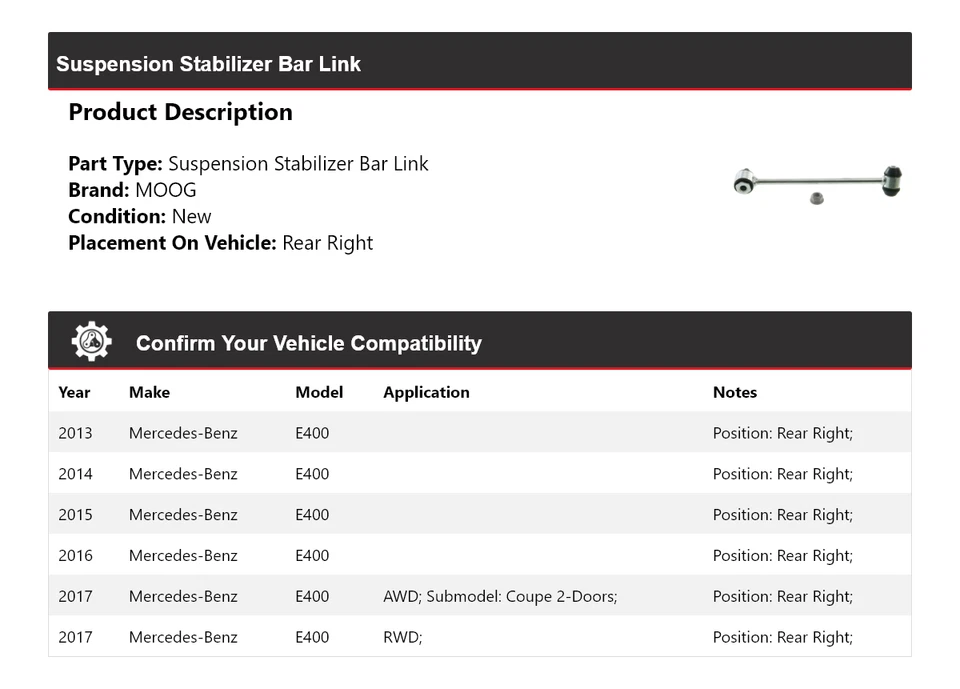 Barra estabilizadora de suspensão traseira direita MOOG 2013-2017 Mercedes-Benz E400 - Imagem 2 de 4