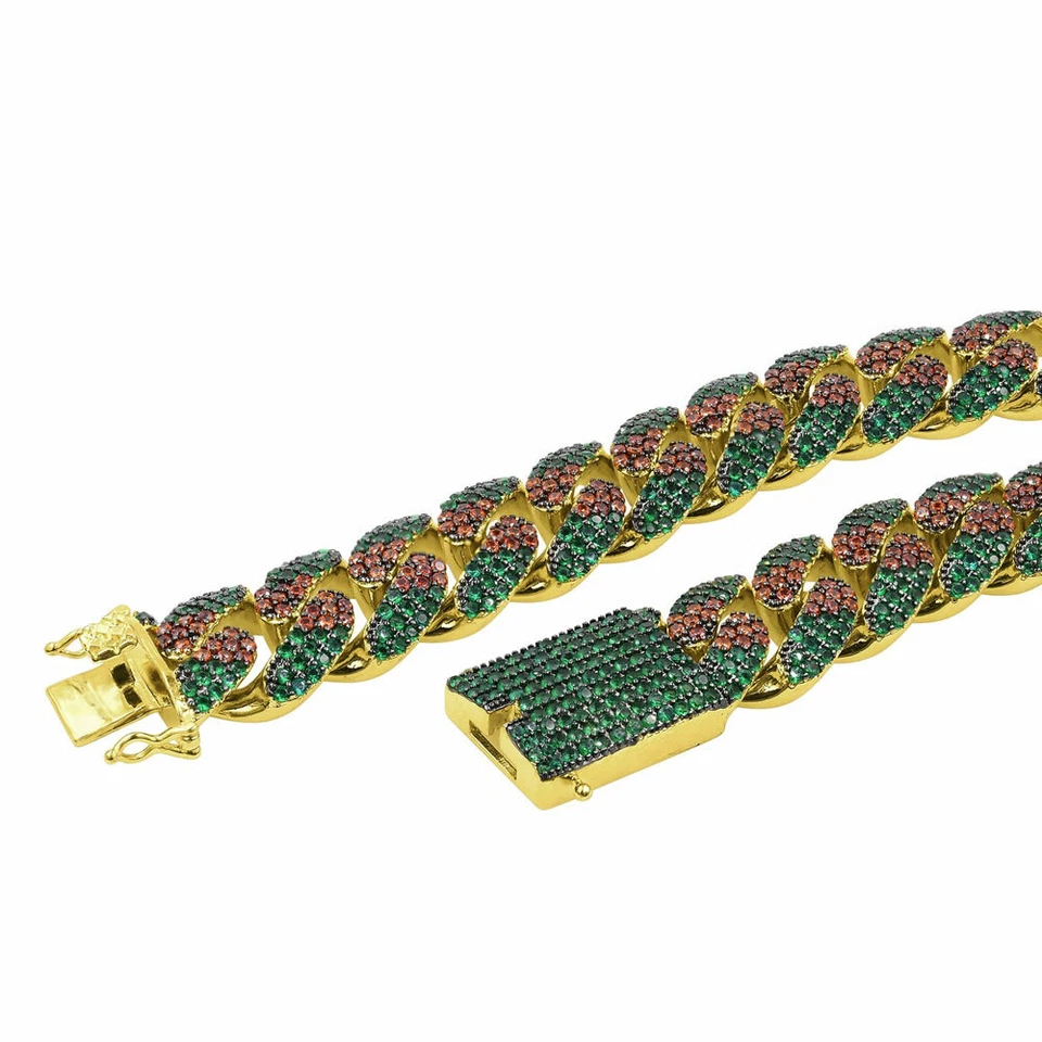 Cadena Collar Eslabón Cubano Circonio Naranja y Verde "Semental" Acabado Dorado Foto 4 de 4