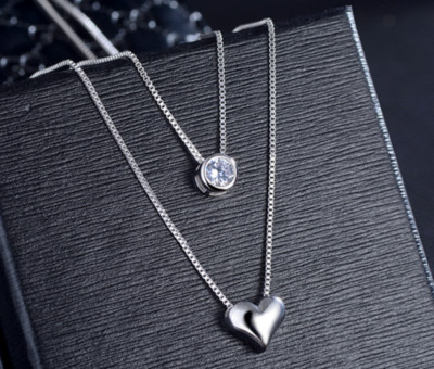 925 Sterlingsilber zweilagig Herz Kristall Anhänger Halskette Damen Schmuck UK
