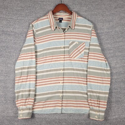 Patagonia Shirt Women Size 12 Heywood Flannel Pinyon Stripe Toasted White Button