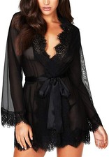 Women's Eyelash Lace Kimono Robe Sheer Babydoll Sexy Lingerie Mesh Nightgown