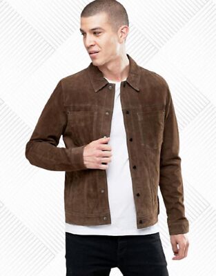 New Men's Brown Suede Leather Shirt Genuine Soft Sheepskin Festive Wear Shirt