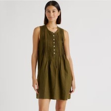 Quince 100% Linen Sleeveless Swing Mini Dress Pleated Martini Olive Green Size M