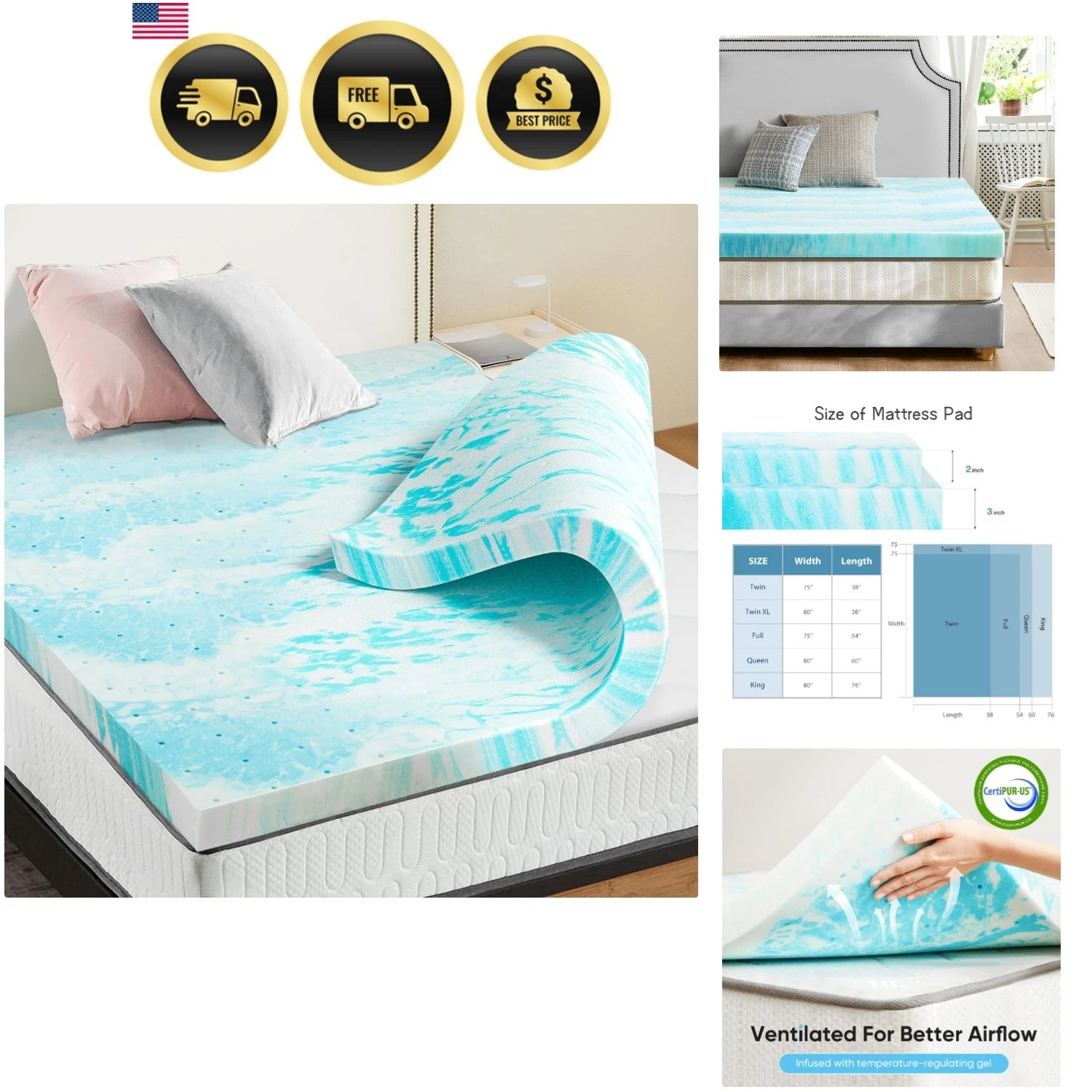 3 Inch Full Memory Foam Mattress Topper, Gel Foam Mattress Topper for Pressur...