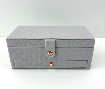 PANDORA Faux Leather Quilted Gray Mirrored Pull Out Drawer Jewelry Box Organizer
