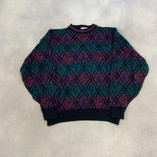 Vintage Abstract Knitted Jumper Patterned Grandad Knit Sweater Men's L