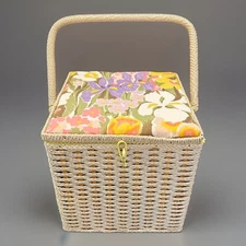VTG Sewing Basket Belding Corticelli Wicker Japan Floral With Notions 10x10