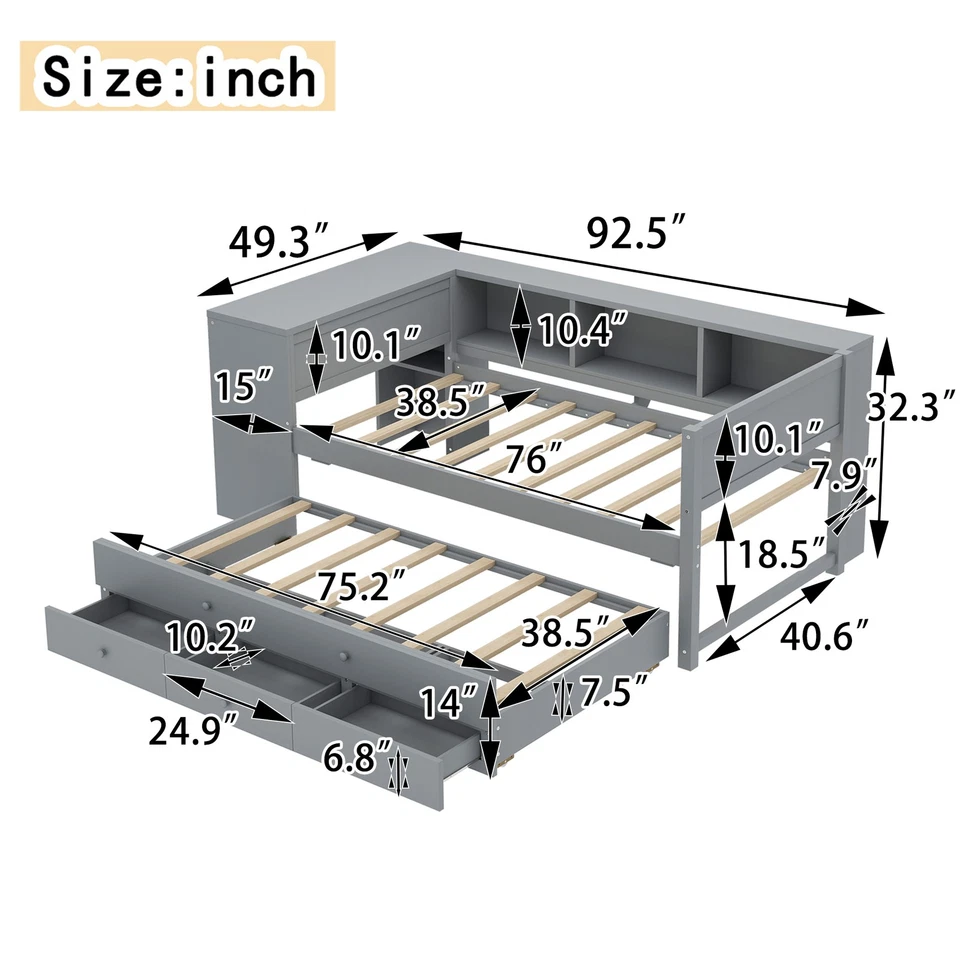 Cama de día FUNIDEE tamaño doble con marco nido con cajones, estantes y escritorio Foto 4 de 4