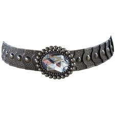 Vintage Brutalist Bling Metal Stretch Belt Large Oval Crystal Steampunk
