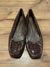 Tory Burch Ballet Flats Georgia Square Toe Snakeskin Embossed Leather Brown  8M