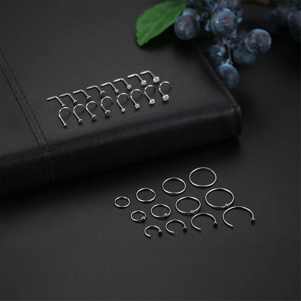 28pcs Nose Hoop Rings L Bone Screw Shaped Nose Studs Surgical Steel Piercing - Image 3 of 4