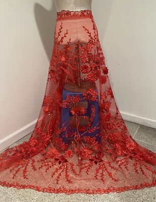 Yard RED Beaded 3D Embroidery Lace Fabric 50” Width