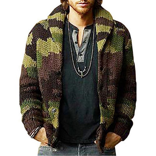 Men Winter Warm Camouflage Cardigan Sweater Long Sleeve Lapel Sweatshirt Jacket - Picture 1 of 5