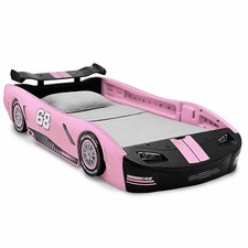 Girls Pink Race Car Bed Frame Twin Size Platform Plastic Kids Bedroom Furniture