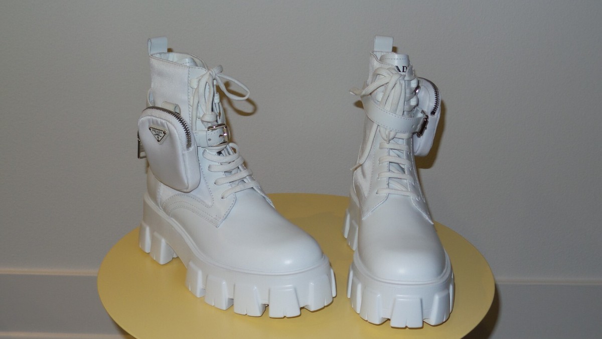 $1750 PRADA MONOLITH WHITE LEATHER BIKER BOOTS SIZE