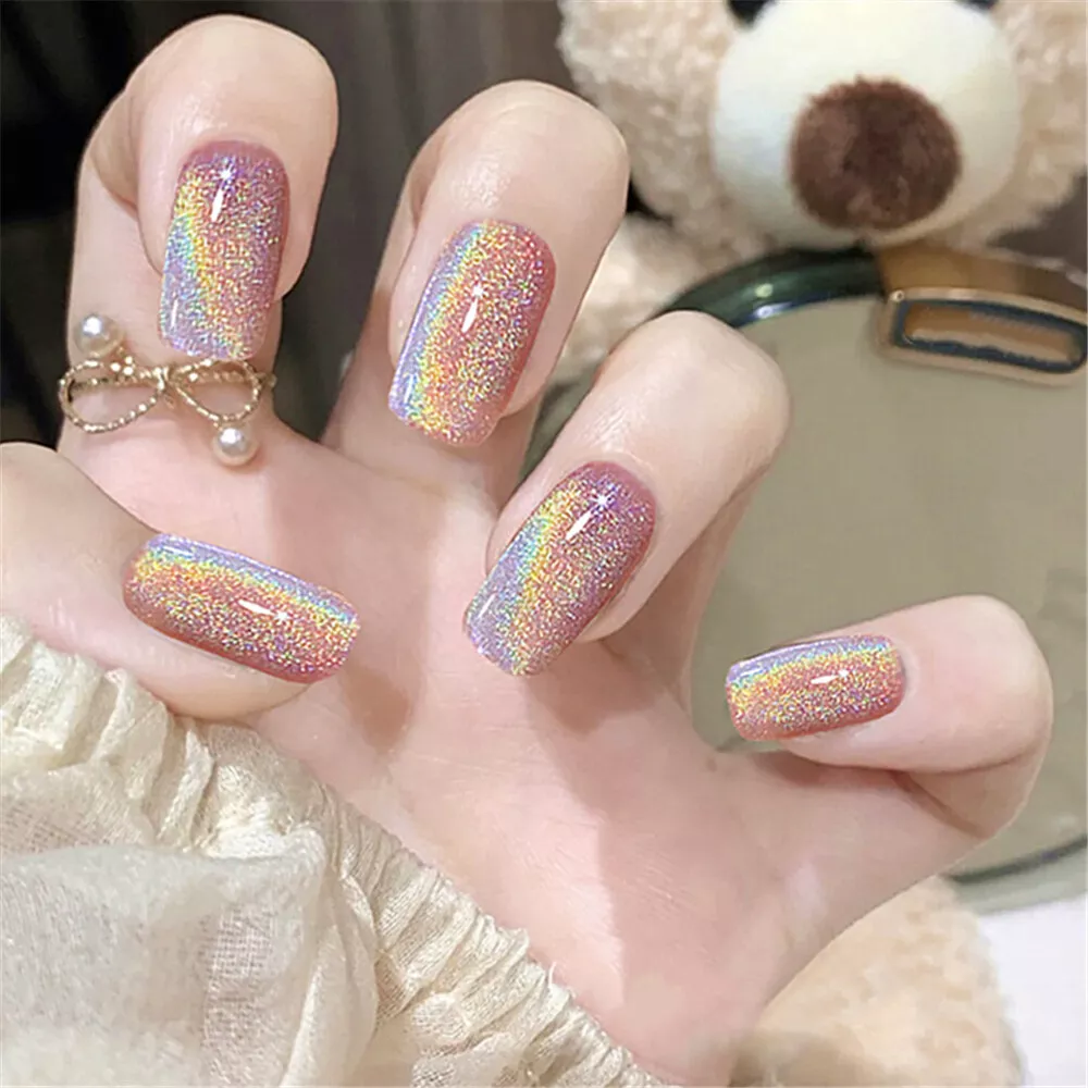 Rainbow Cat Eye False Nail Medium Square Press on Nails for Nail