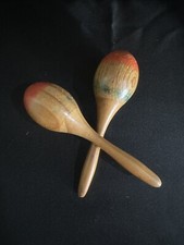 Vintage Wooden Maracas Pair Hand Painted Folk Art Percussion Instrument Shaker  