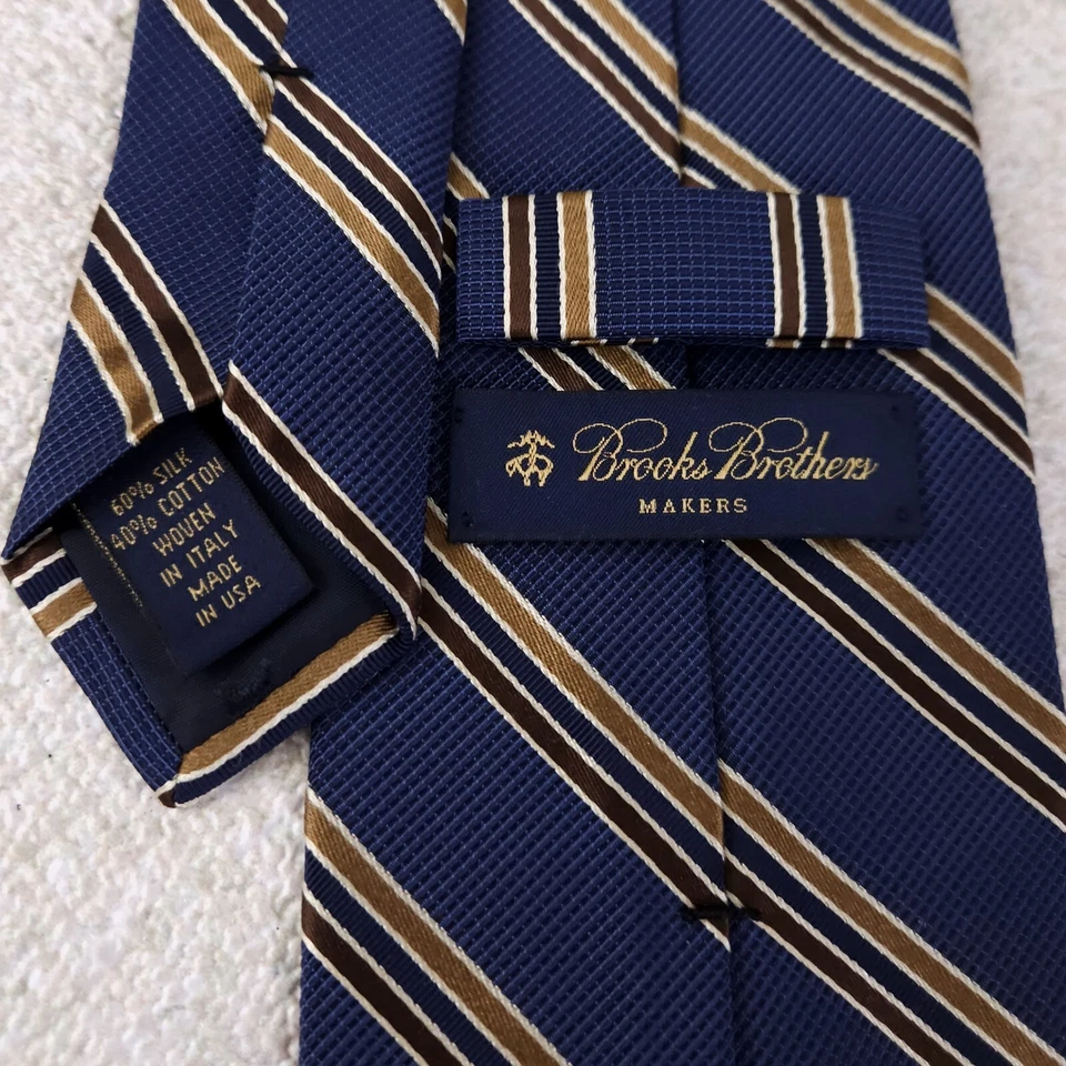 Brooks Brothers Makers Tie Silk Cotton Blend Blue Brown Diagonal Stripes 4" Wide - Image 4 of 4