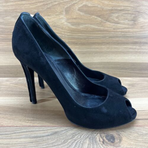 Alexander McQueen Heels 8.5 EU 38.5 Black Suede Peep Toe Studded Pumps - Picture 3 of 13