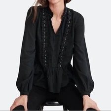 NWT Velvet by Graham & Spencer Black Ruffled Popover Boho Blouse Size Large