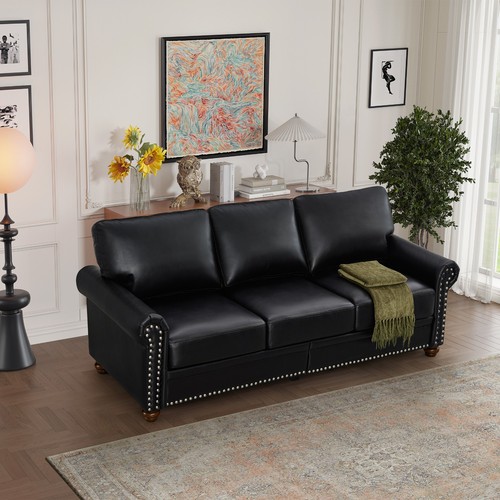 Classic Faux Leather Sofa Upholstered Couch with Nailhead Trim Removable Cushion - Picture 35 of 206
