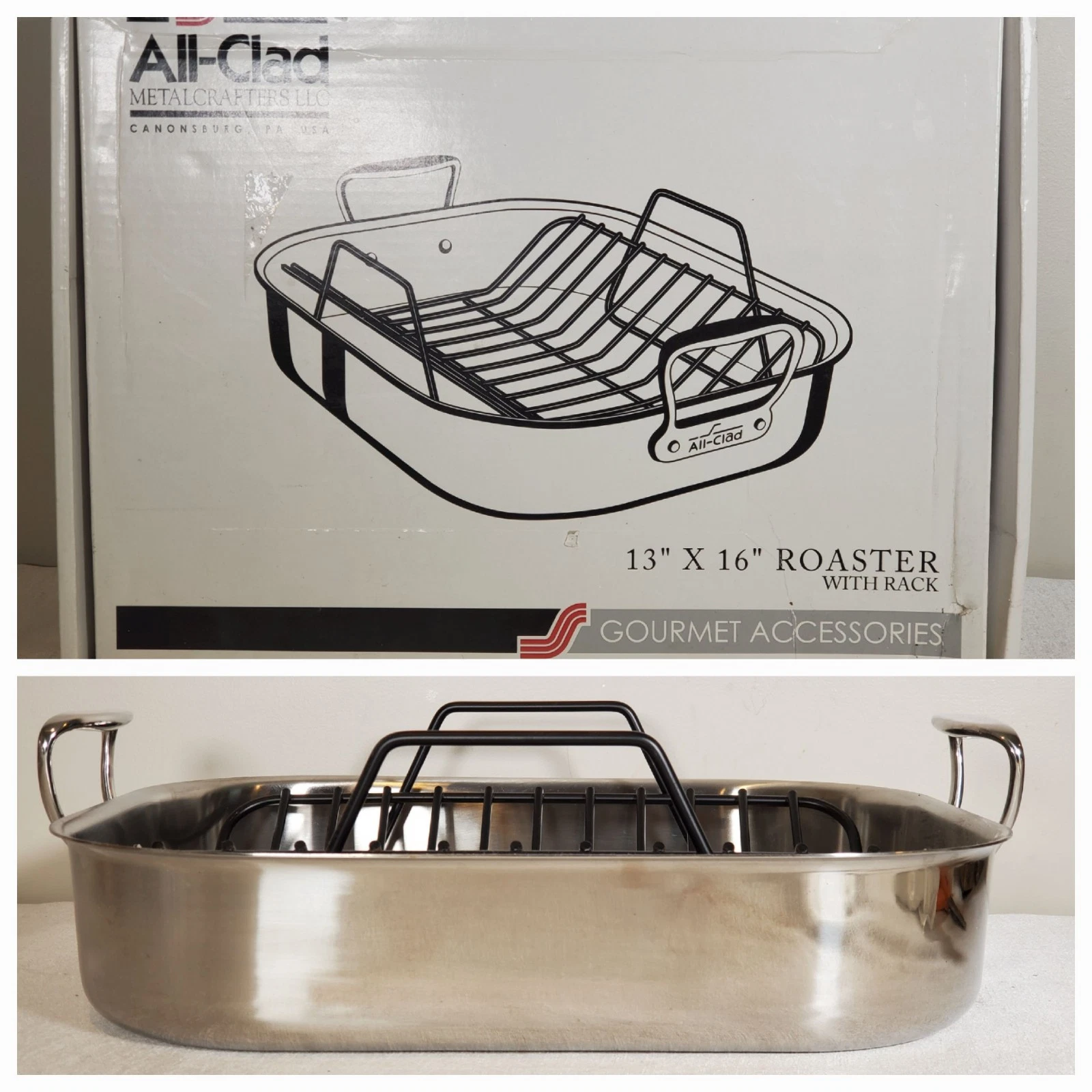 All-Clad Roaster Pan Stainless Steel 13” x 16” V-Shaped Nonstick Rack New