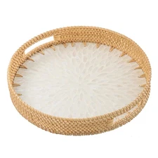 13.8 in Round Rattan Serving Tray with Handle, Mother of Pearl Inlay Wooden B...