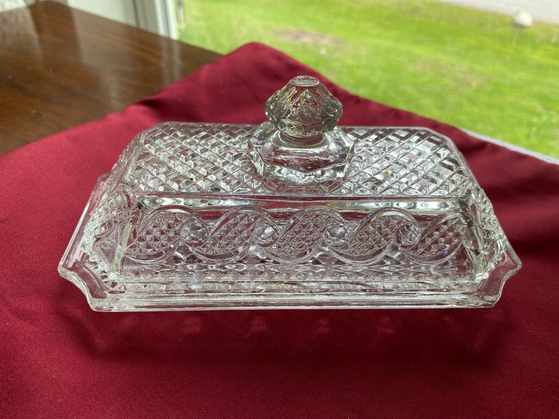 Avon Cape Cod Butter Dish Clear Pressed Glass Diamond Waves 2 Pc Set 7" VTG