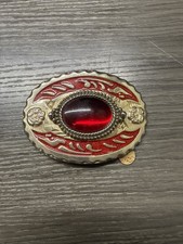 Vintage Gemstone Oval Setting With Flower Accent Gold  Red Western Belt Buckle