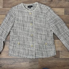 Talbots Petite Black White Lined Tweed Blazer Sz 14P Capsule Gold Buttons