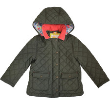 MINI BODEN Warm Quilted Jacket 5-6 yrs Removable Hood Floral Lining Olive EUC