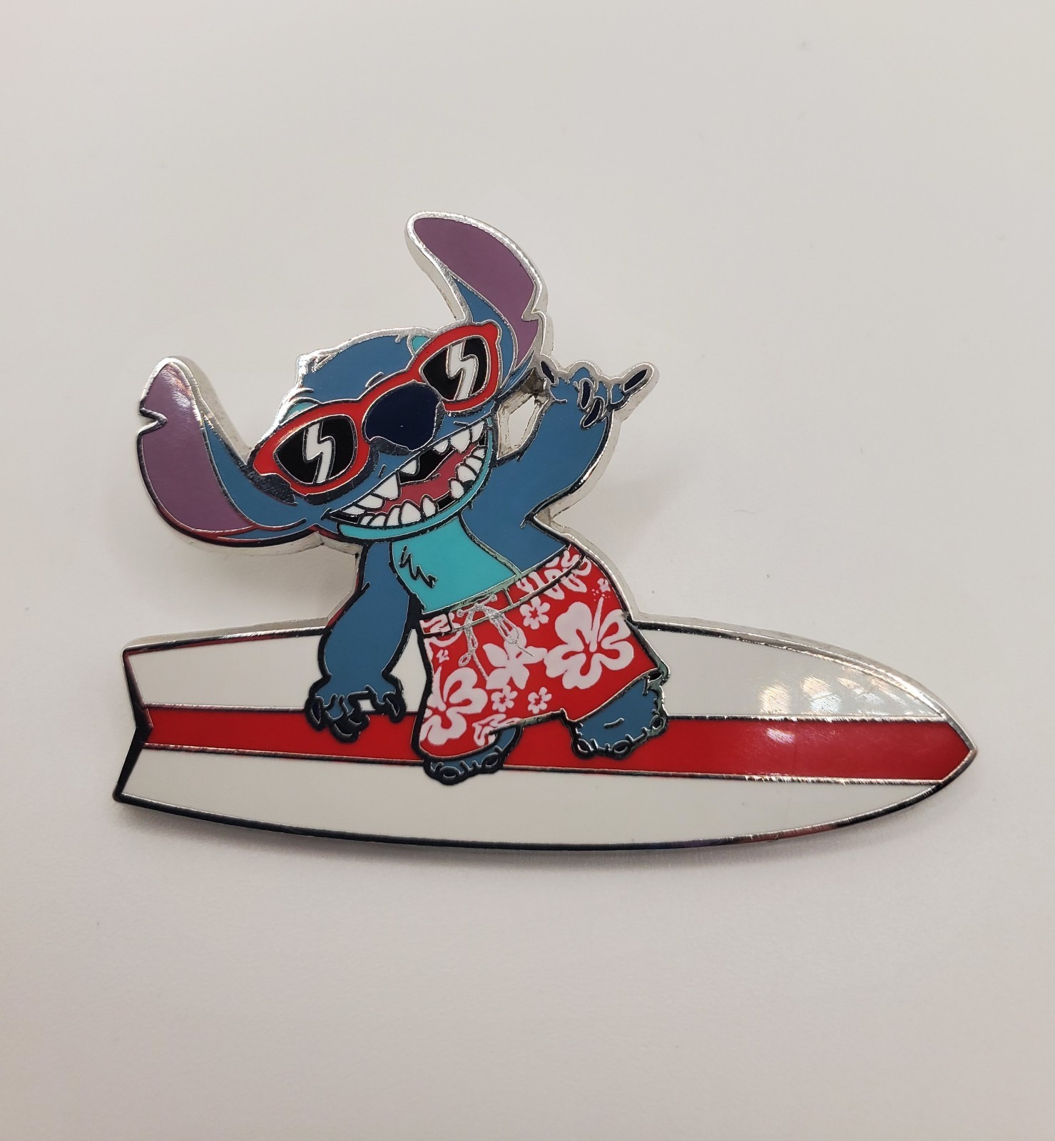 DISNEY PIN STITCH SURFING ON SURFBOARD IN RED SUNGLASSES & ALOHA SHORTS lilo WDW