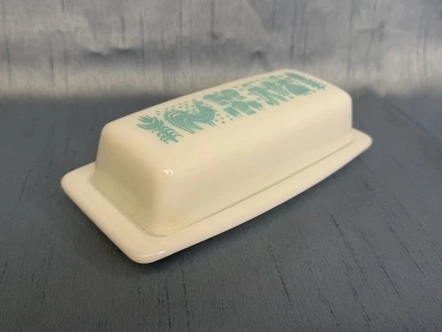 Vintage Pyrex Amish Butter Dish w/Lid Rooster Turquoise Milk Glass White Blue 7"