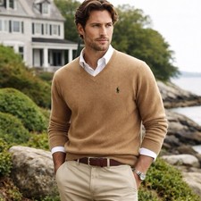 Polo Ralph Lauren Lambswool V Neck Sweater Camel Tan Brown XL Classic Preppy