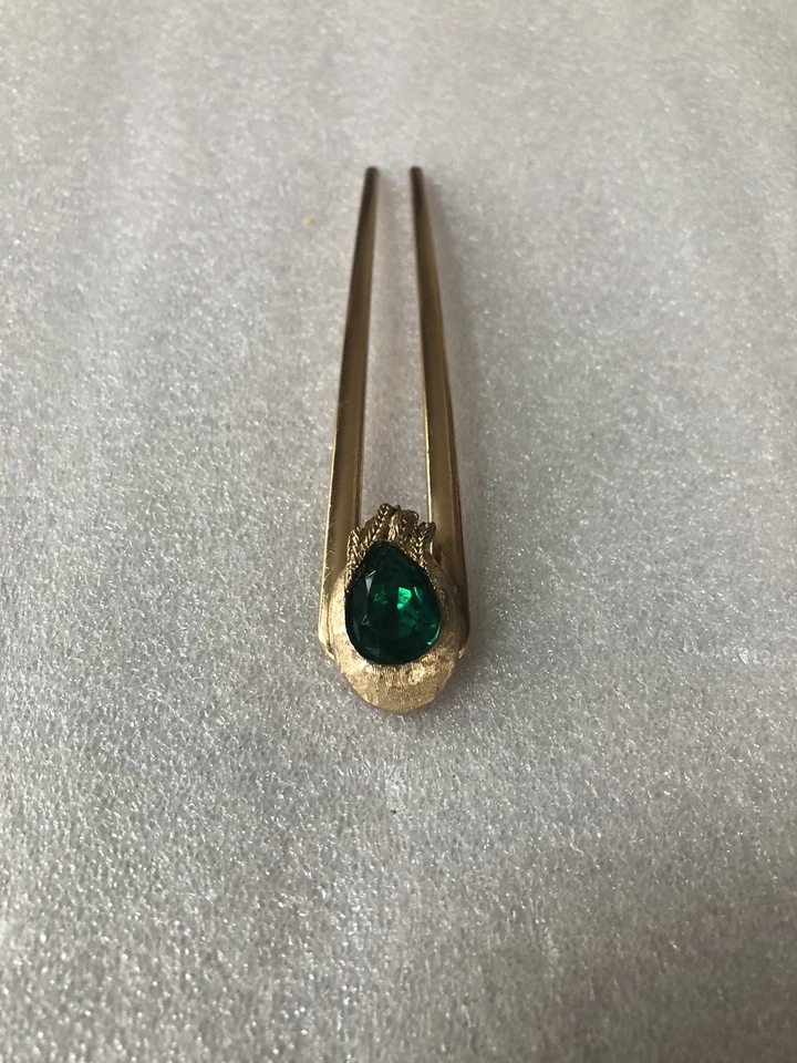 "Joyería artesanal vintage tono dorado/verde estrás metal 4"" pin en U pelo francés" Foto 4 de 4
