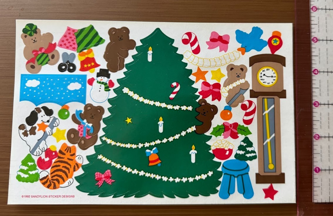 1990s Vintage Sticker Sandylion Activity 1992 Bears Trimming Christmas Tree